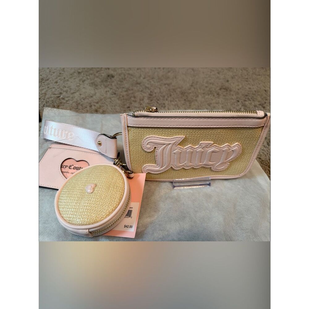 Juicy Couture Pink and Natural Straw Wristlet Clutch with Coin Pouch
